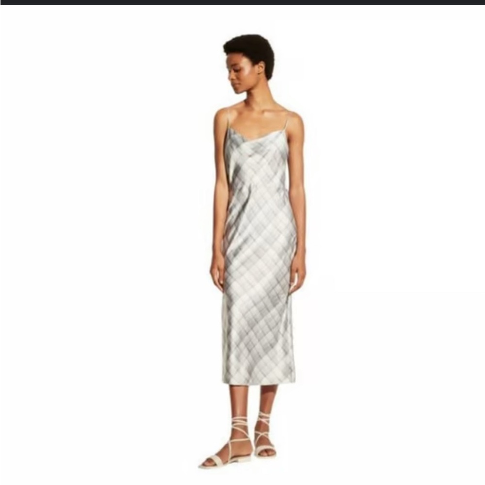 VINCE HAZY PLAID COWL NECK SLIP DRESS IN POWDER BLUE/GRAY